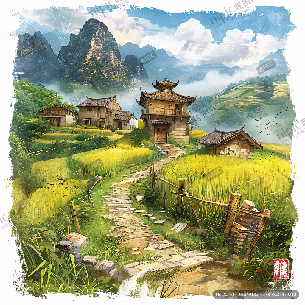 水墨农村场景