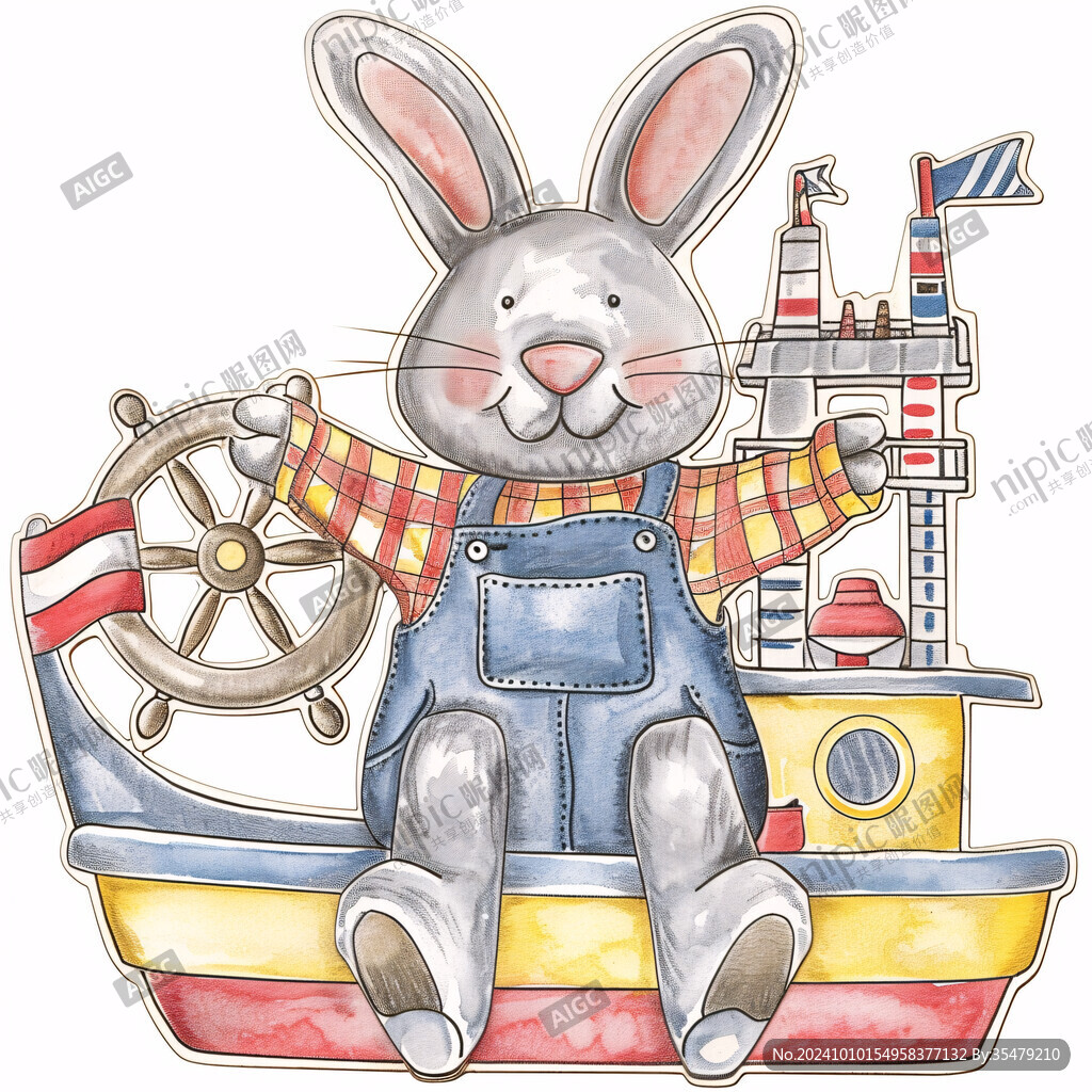 兔年财宝轮船海浪插画
