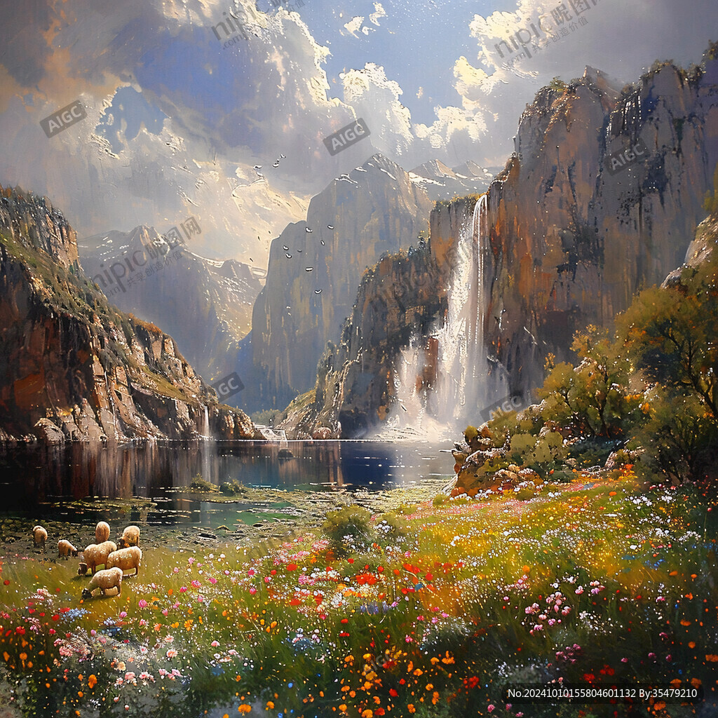 山水风景油画瀑布