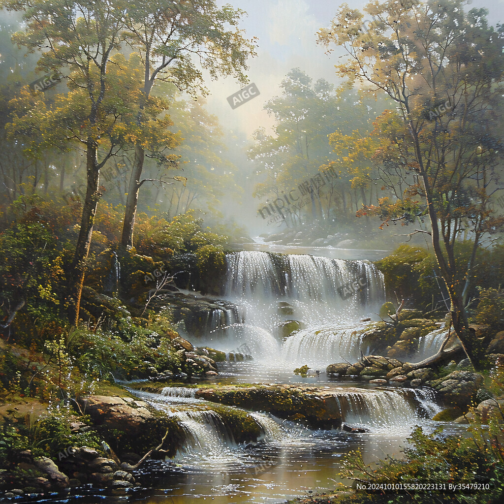 山水风景油画瀑布