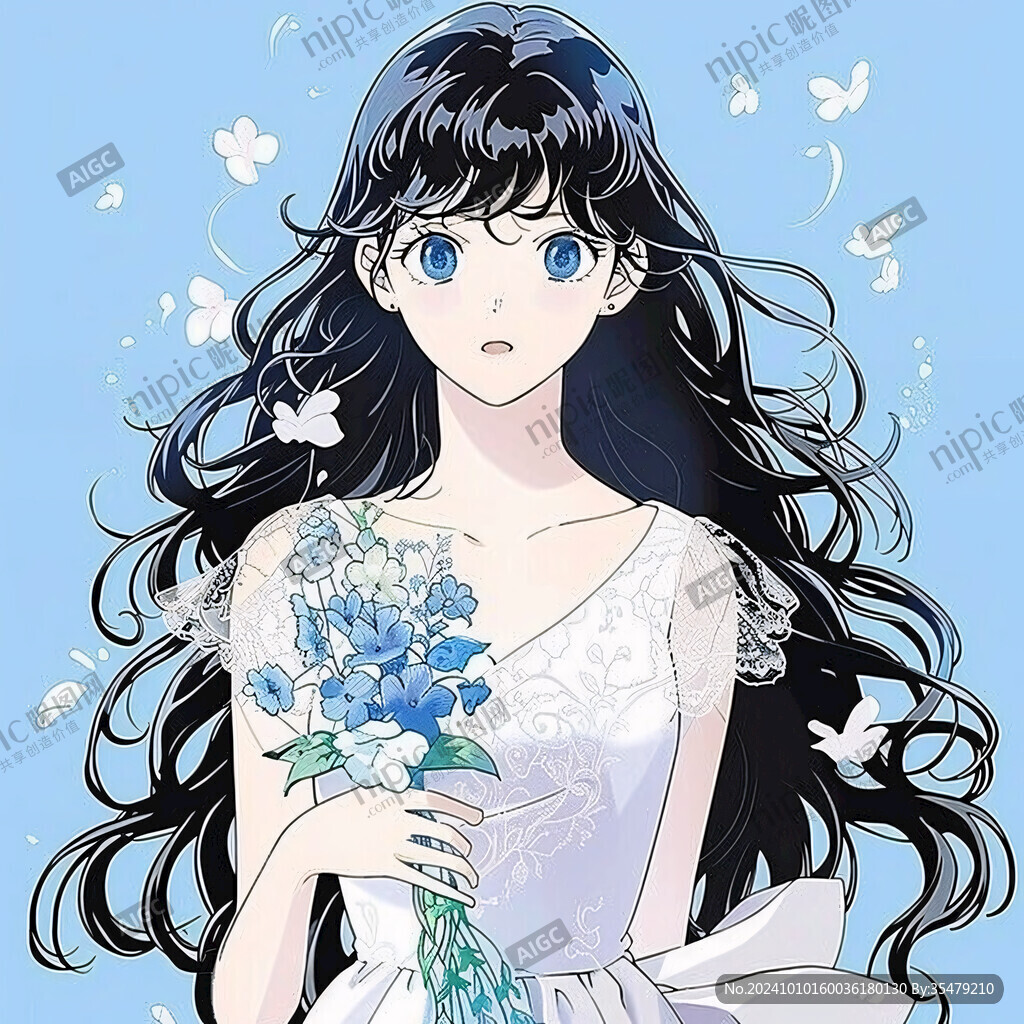 捧花蓝的女孩插画