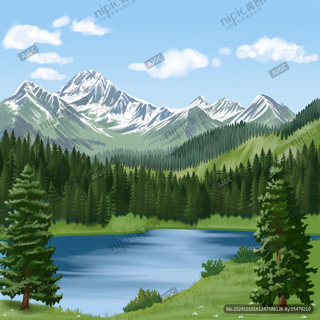 高山湖泊松树