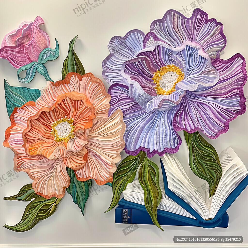 书籍花卉插图素材