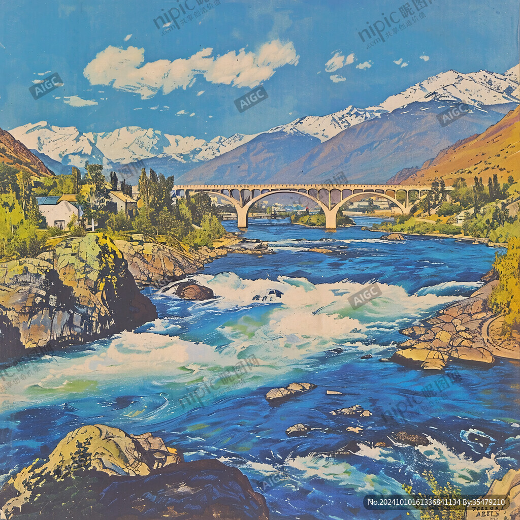 油画风景油画大桥