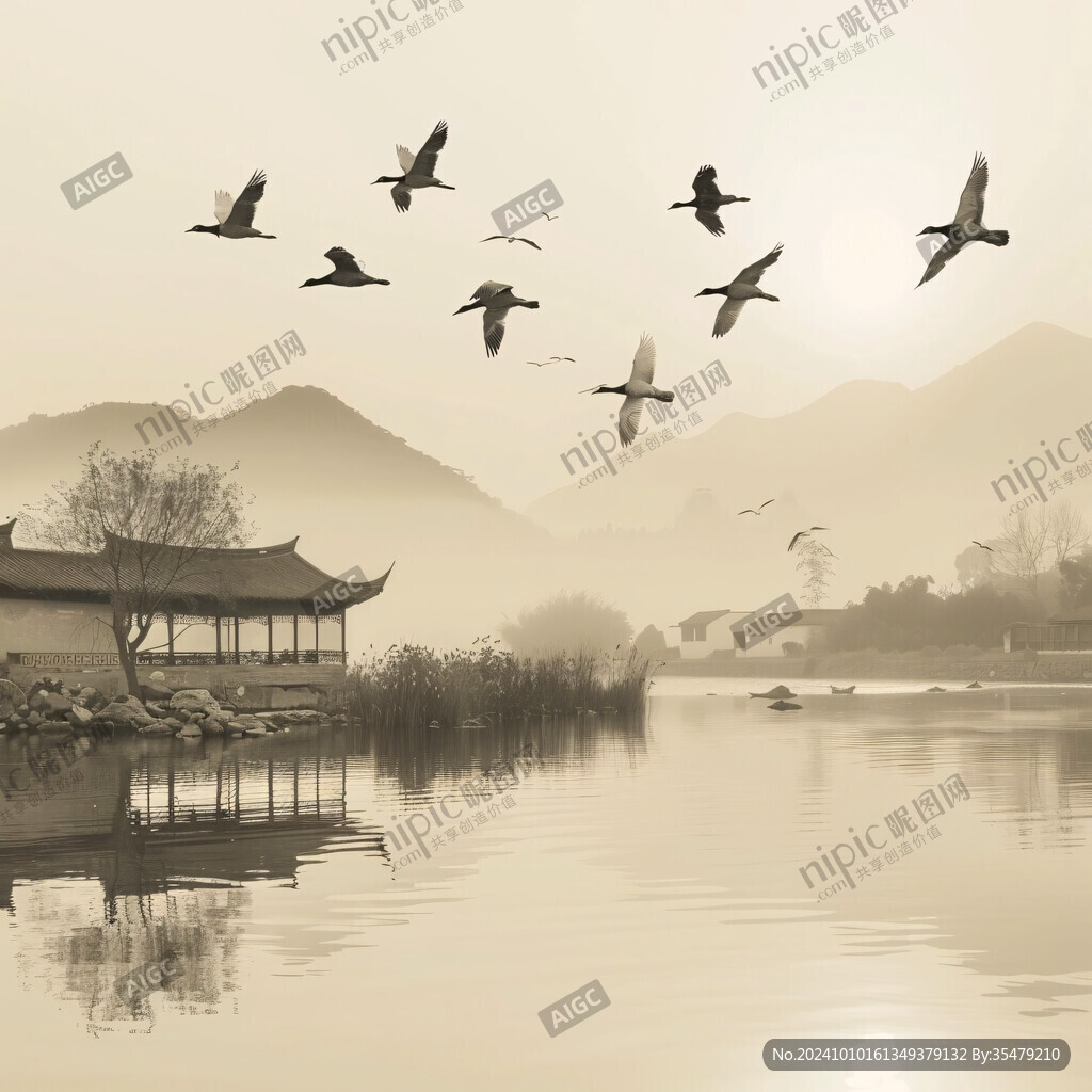 山水飞鸟意境山水