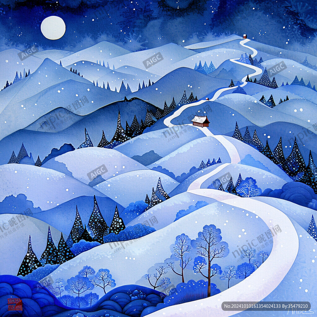 手绘雪夜风景无框画