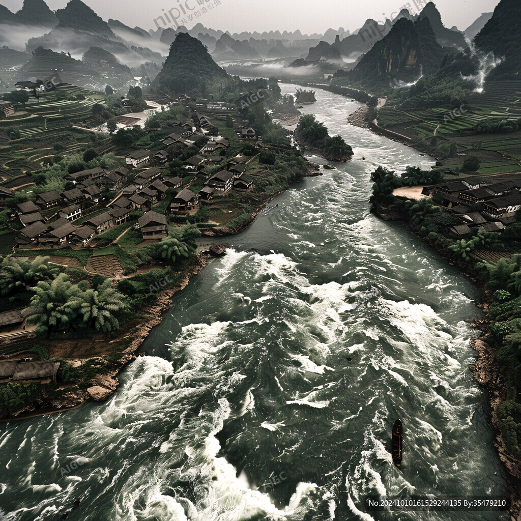 山河流中国风景装饰画