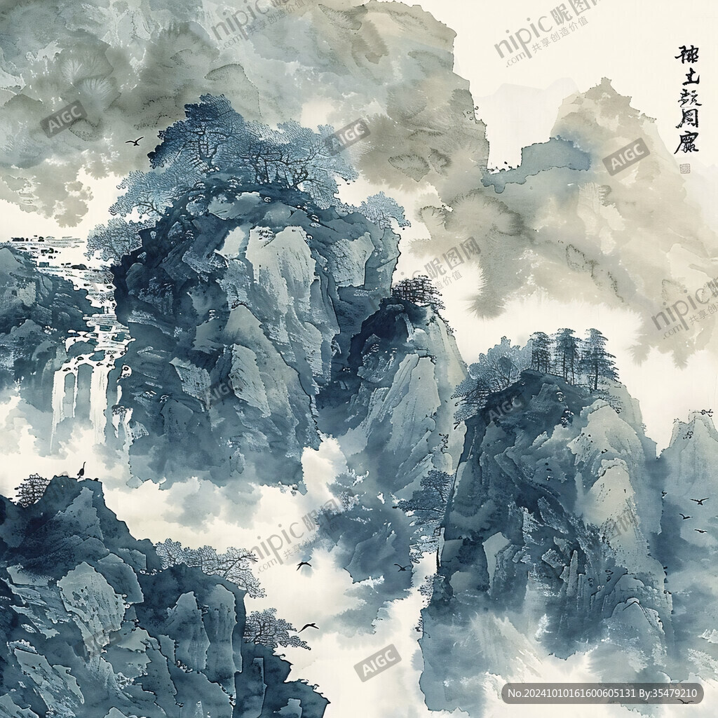 青绿重彩烟云山水手绘