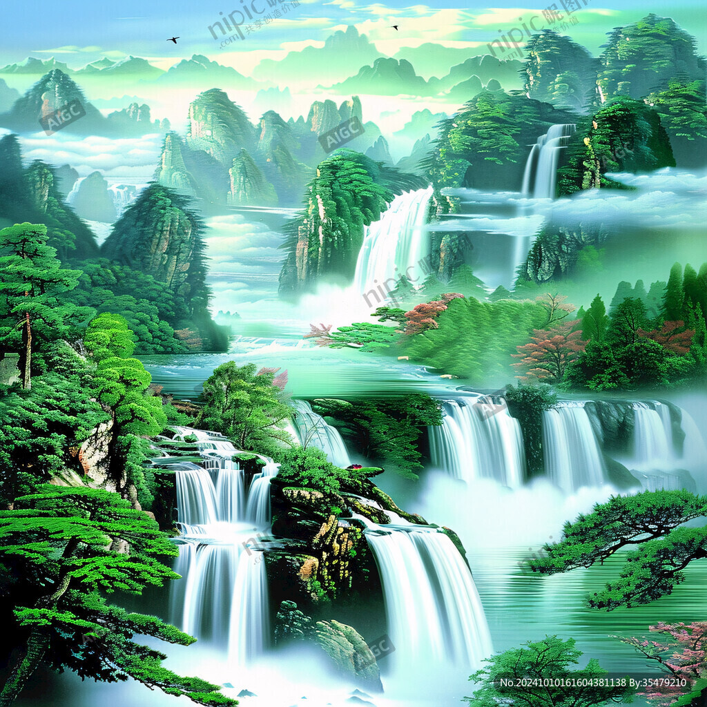 招财瀑布山水画