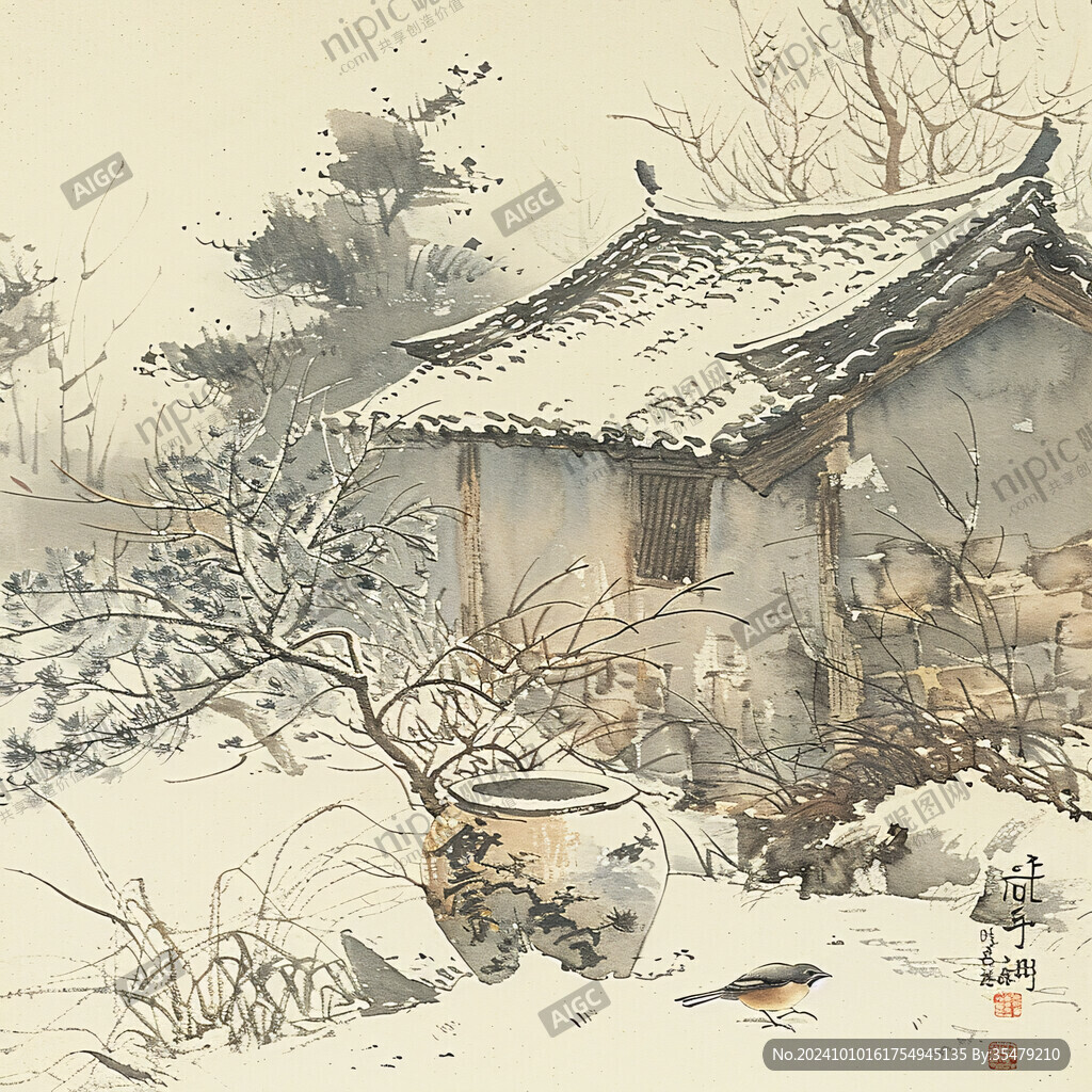 手绘山村雪景图
