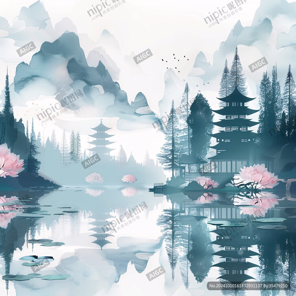 插画山水湖
