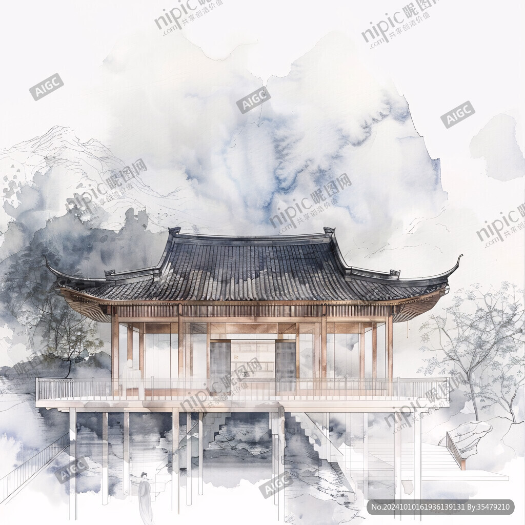 手绘韩国水彩水墨建筑