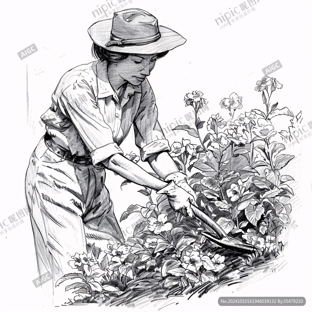 手绘采花女