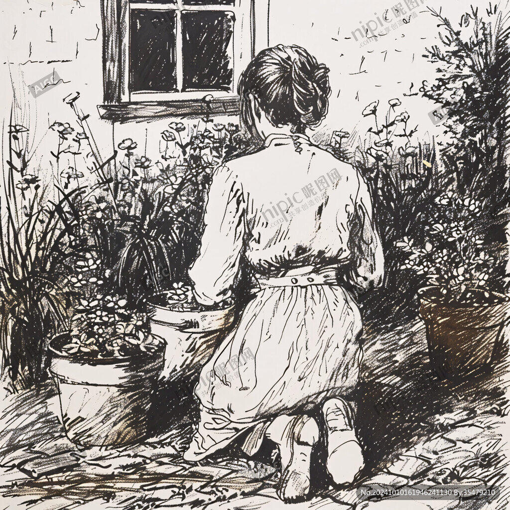 手绘花房女孩插画