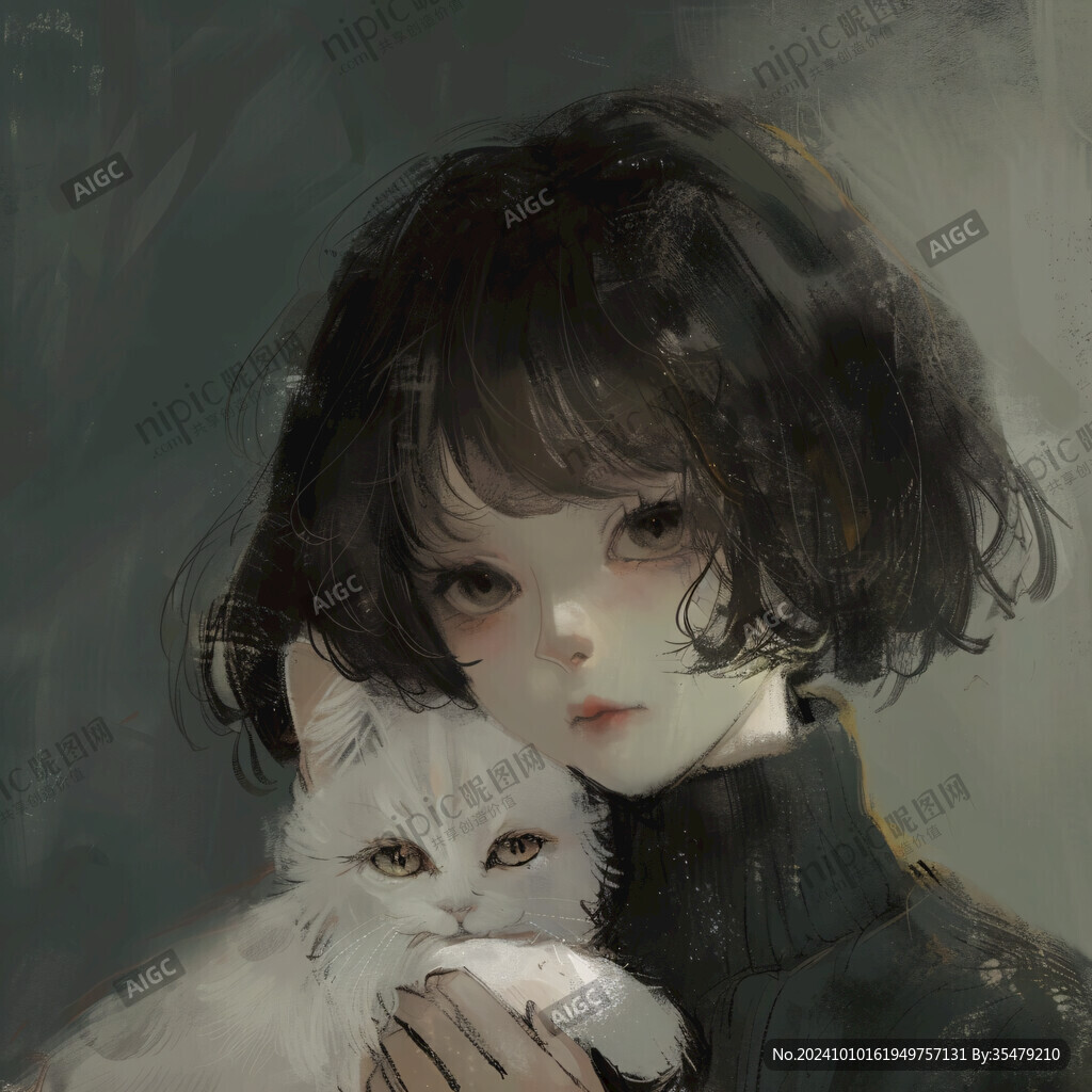 撸猫少女插画