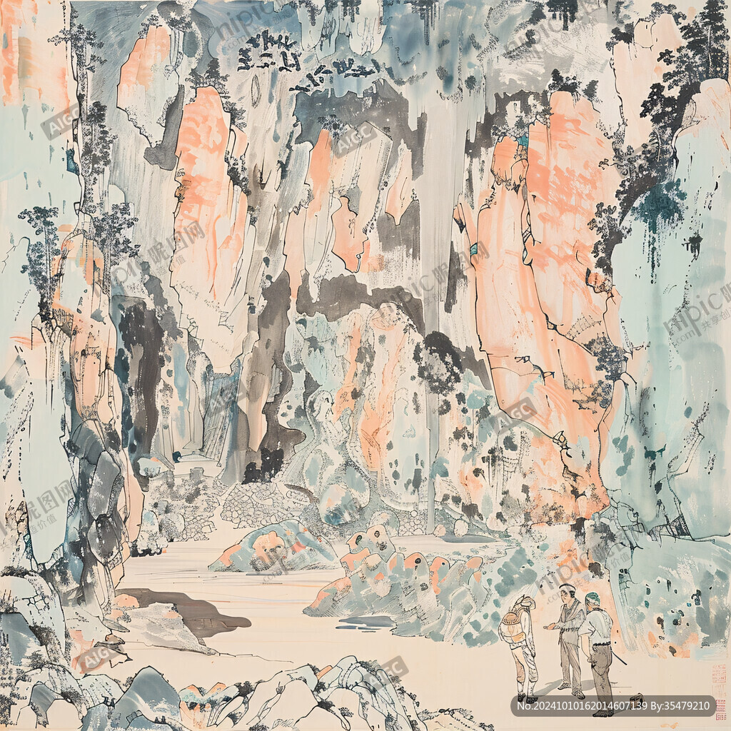 手绘工笔山石流水