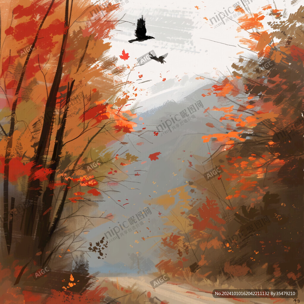 手绘秋季主题朦胧插画