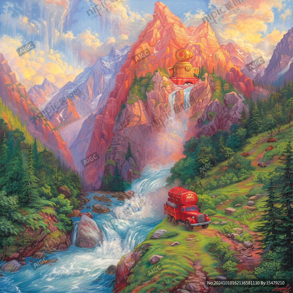 山水风景油画瀑布