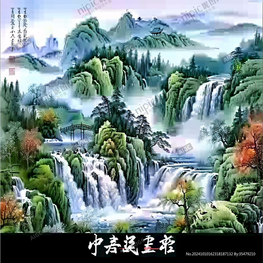 迎客松青绿山水壁画