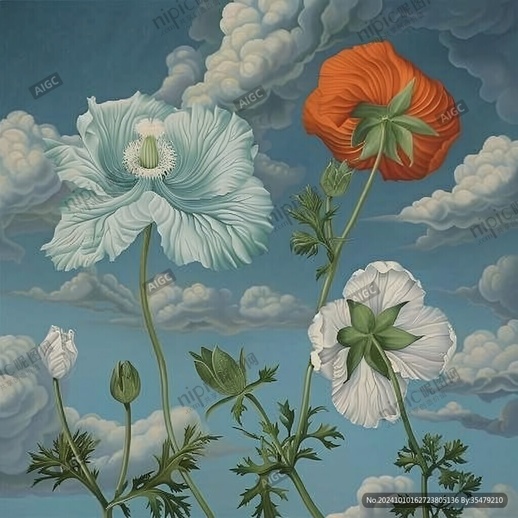 蓝天白云鲜花油画
