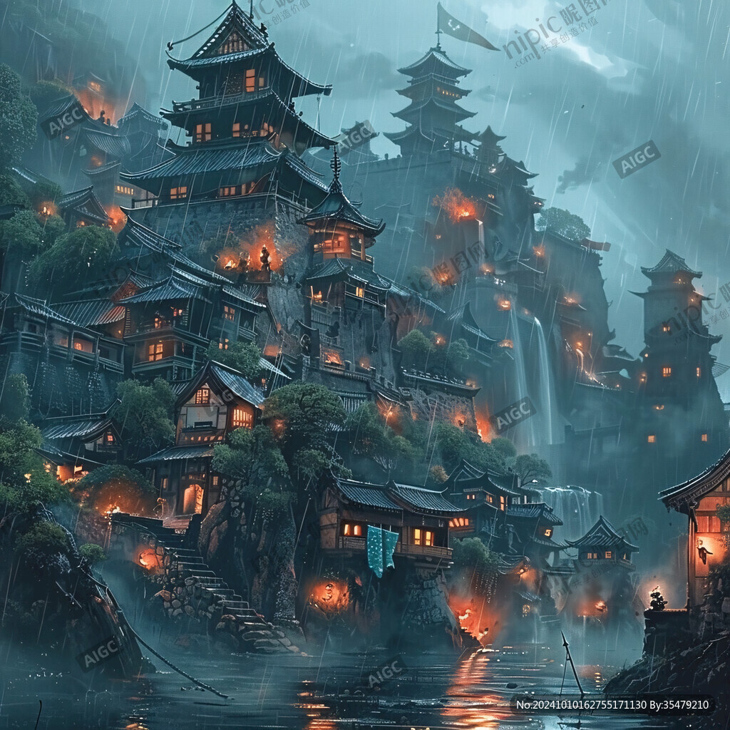 玄幻古镇夜景