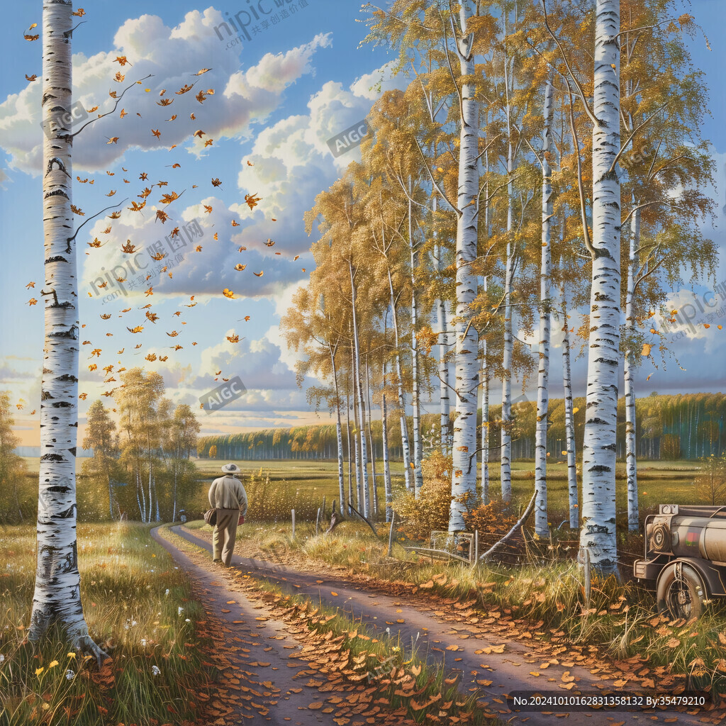 秋天森林画白桦树