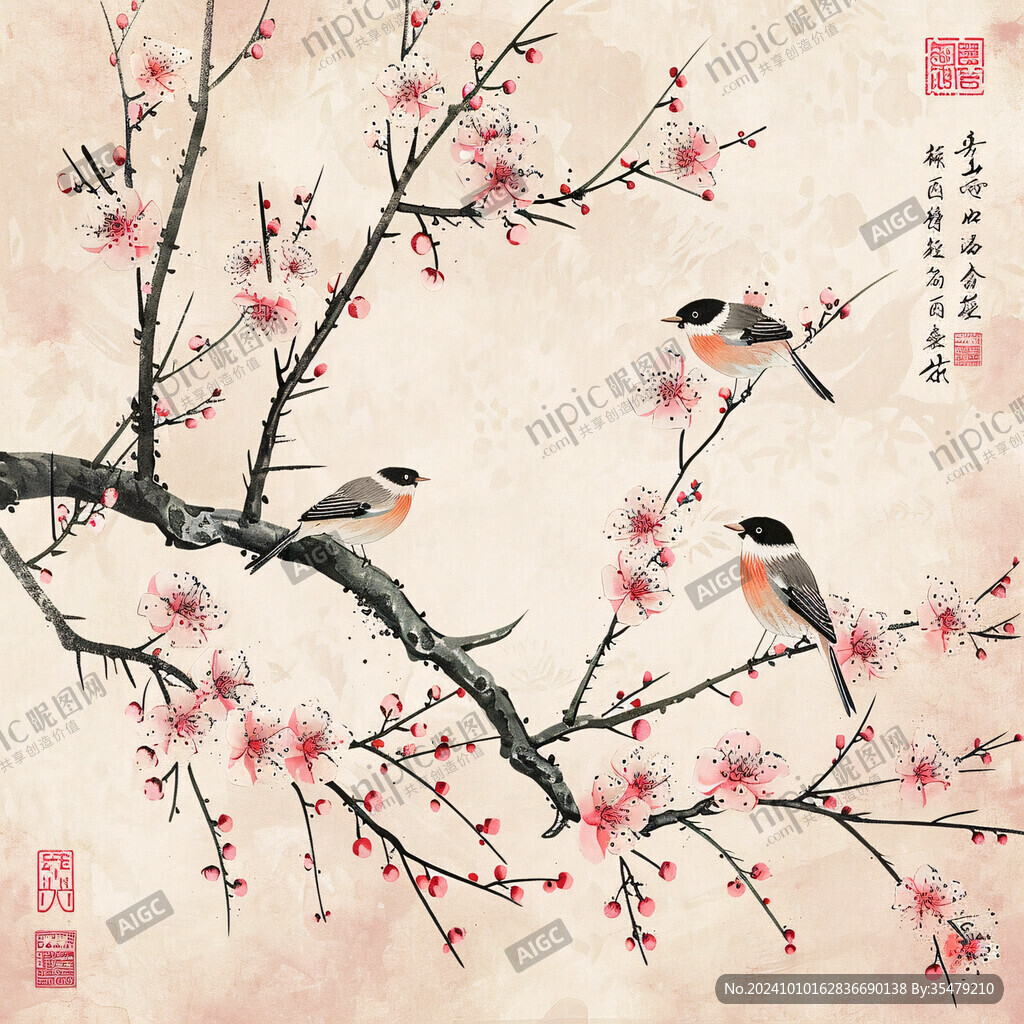 工笔梅花花鸟梅枝