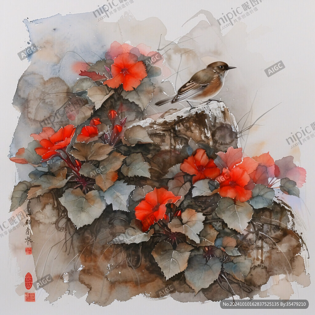 花鸟意境彩墨画