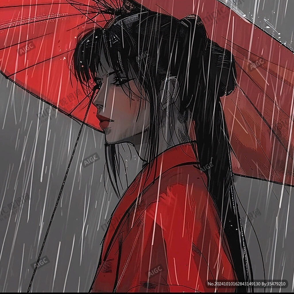 撑伞红衣背影