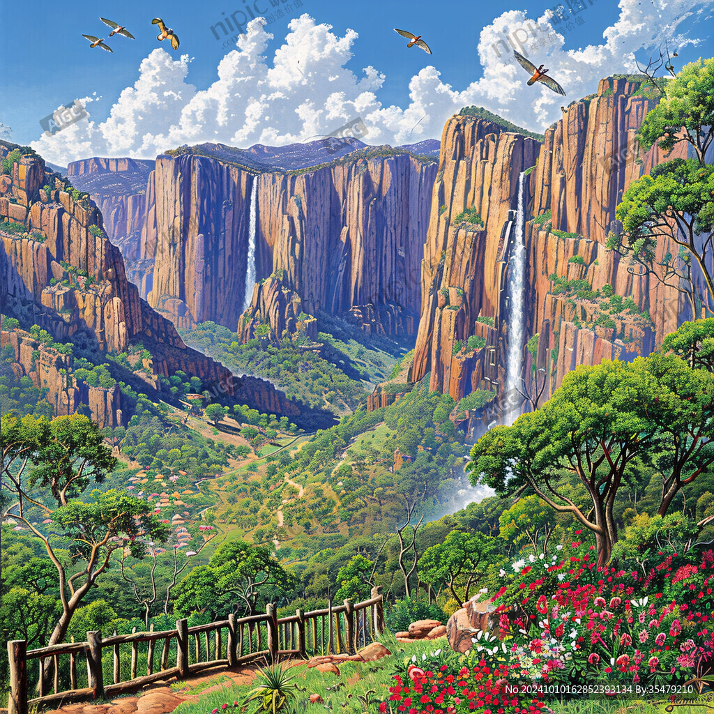 山水风景油画瀑布