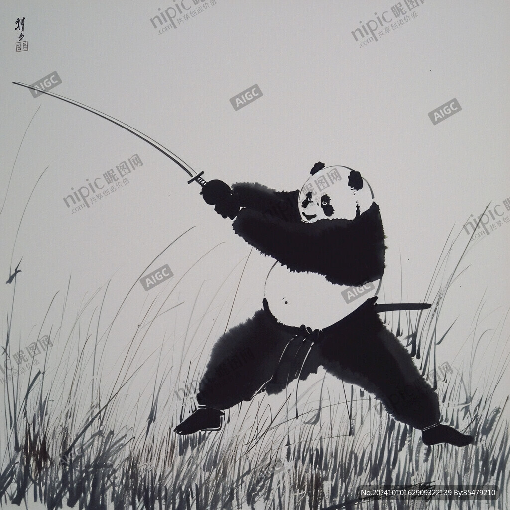 手绘滑雪的熊猫装饰画