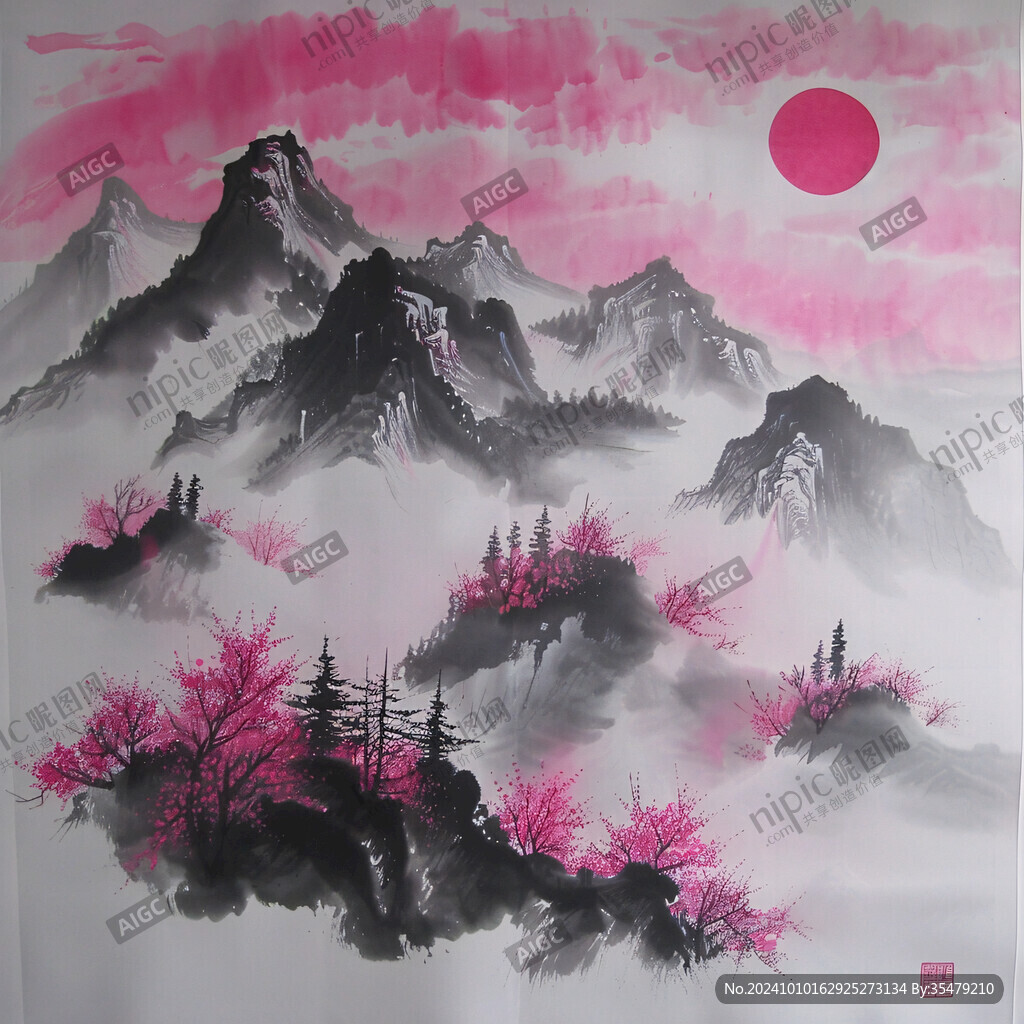 日落水墨画日落群山