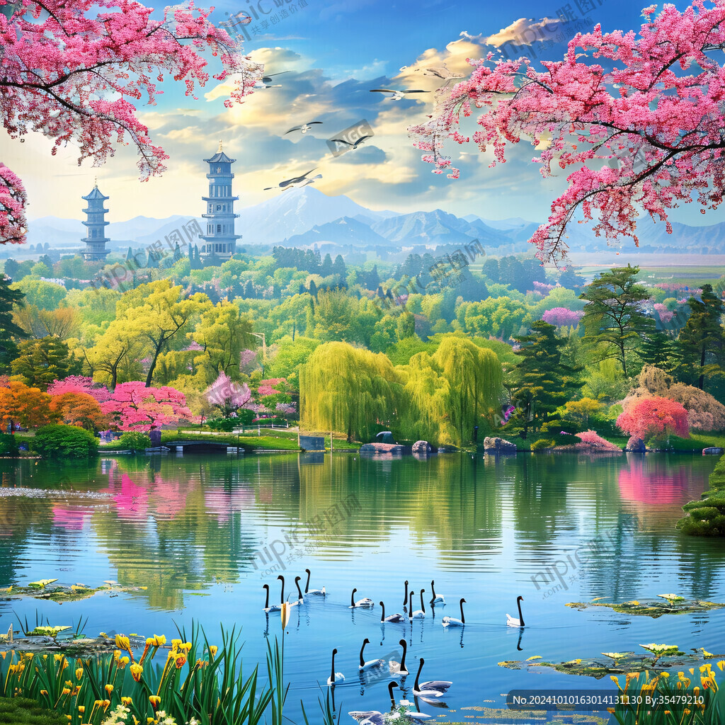 山水画风景画湖泊湖畔