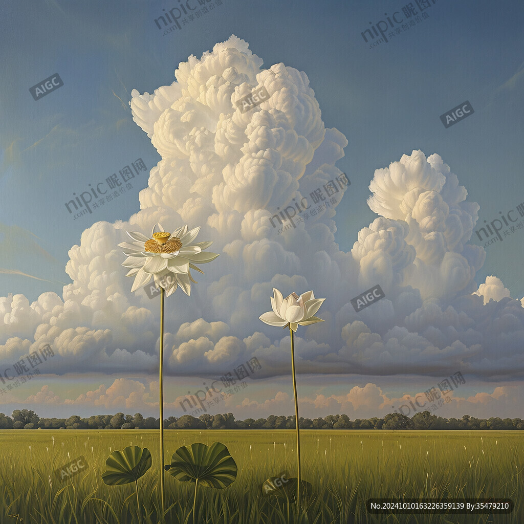 蓝天白云鲜花油画