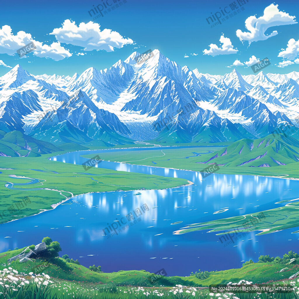 蓝天白云雪山草地湖泊