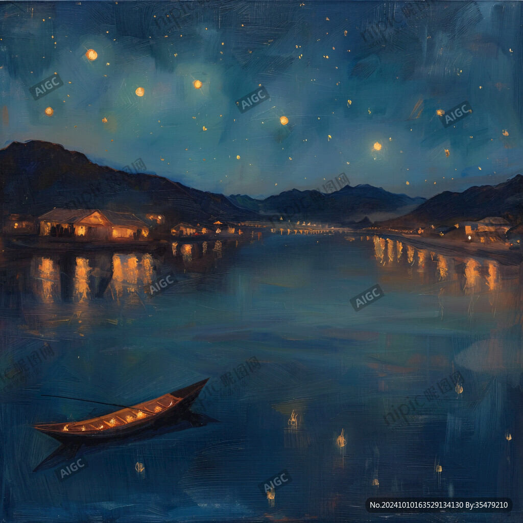 插画夜景湖泊