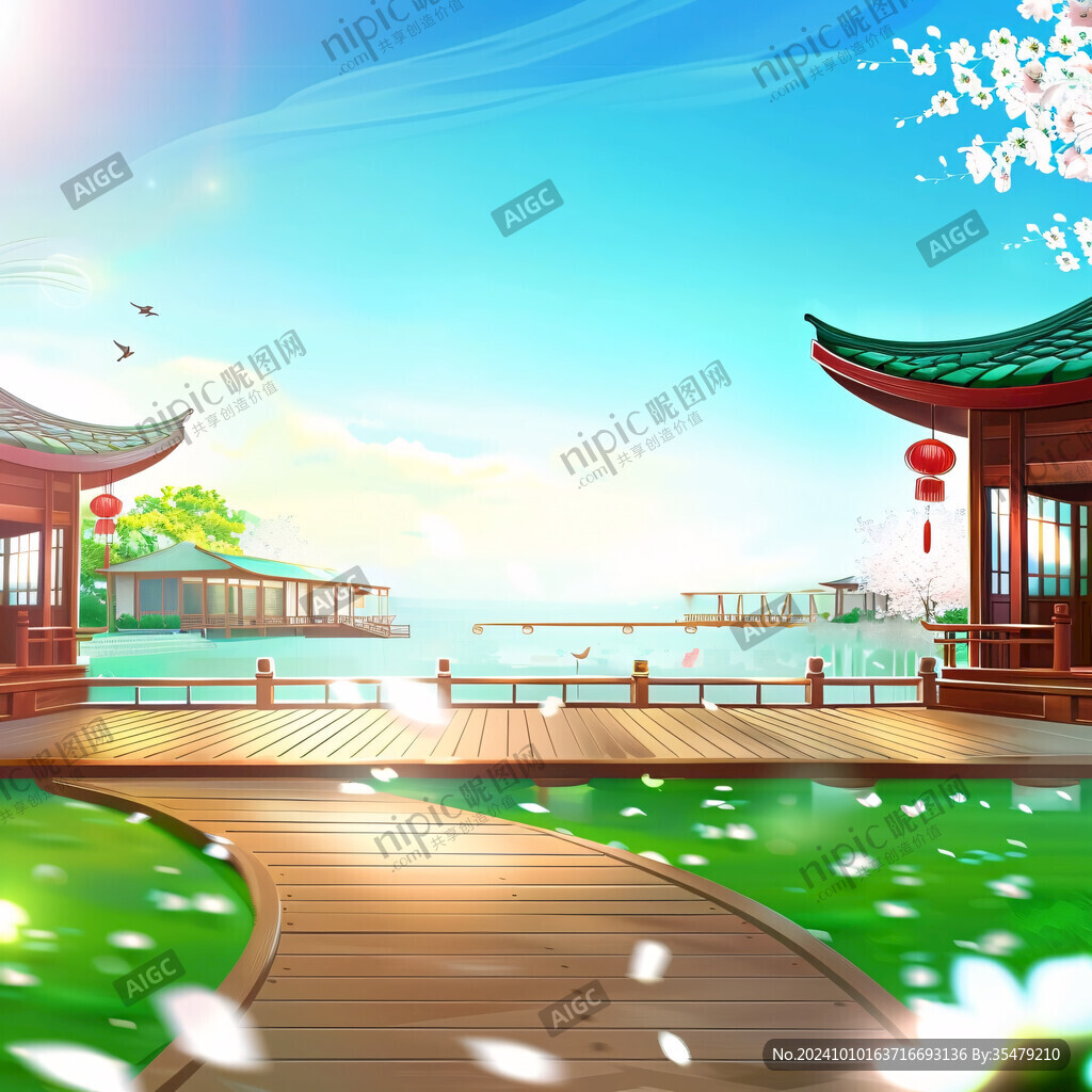 湖边中式建筑长廊