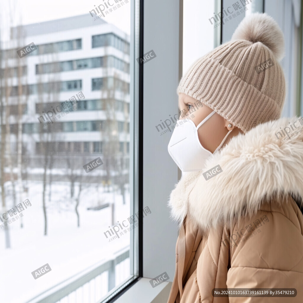 女孩看窗外雪景