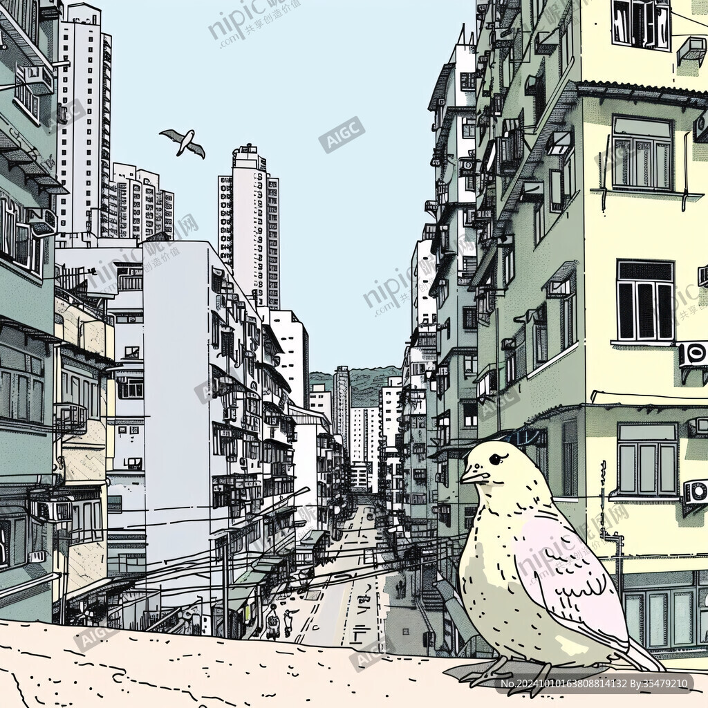 手绘建筑花鸟背景