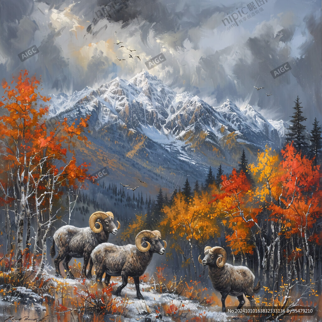 胡杨林牛群雪山油画
