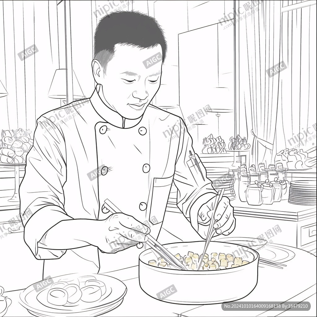 大厨切火腿线稿