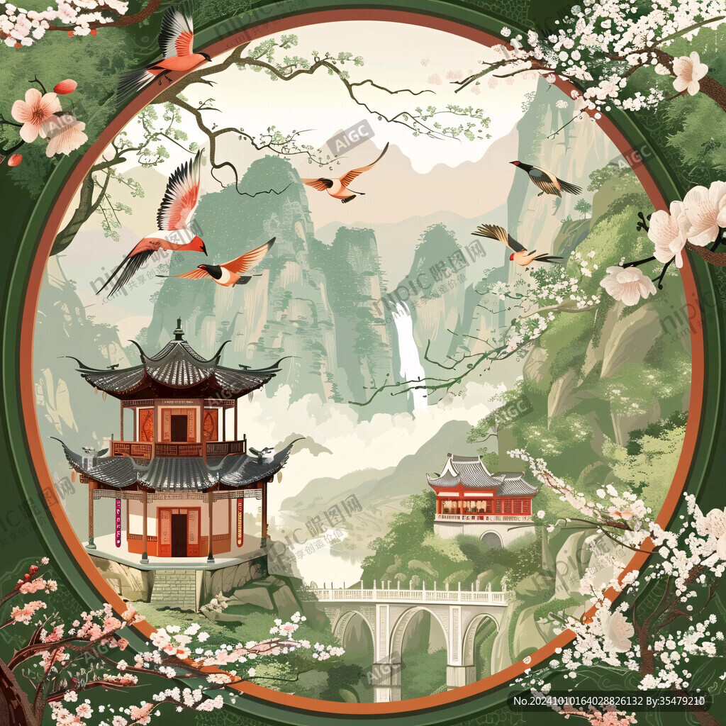 国潮迎客松阁楼仙鹤
