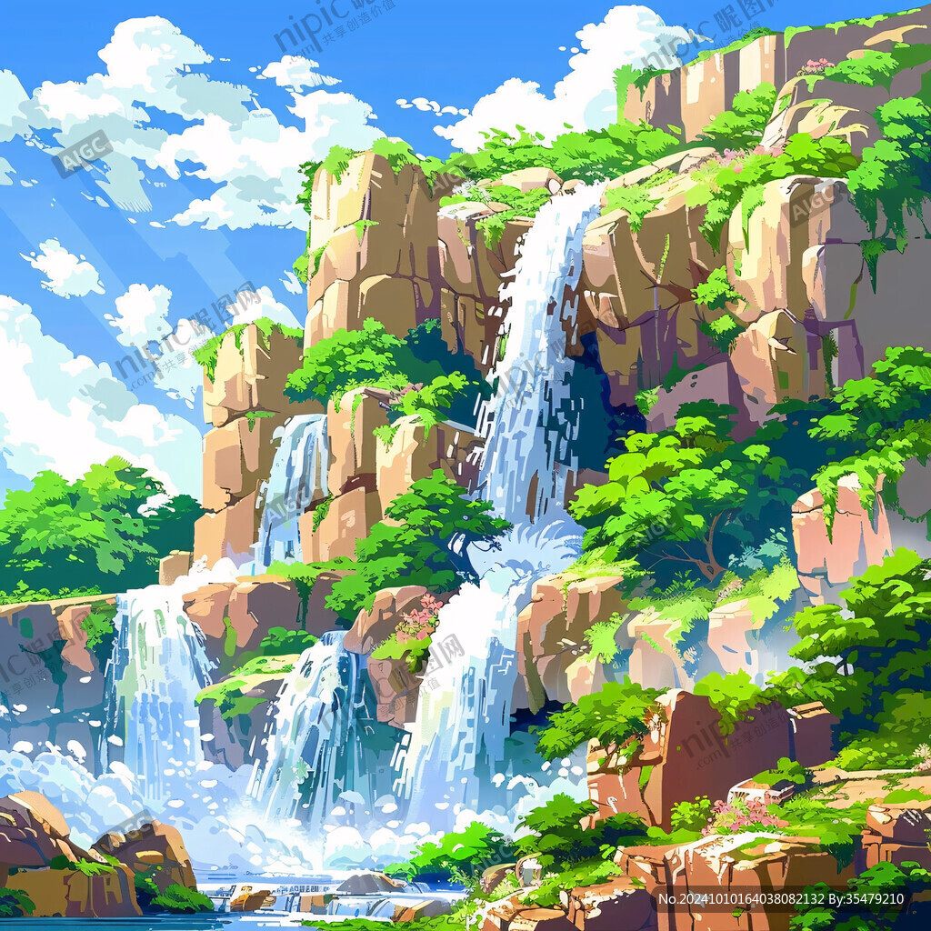 手绘山水瀑布