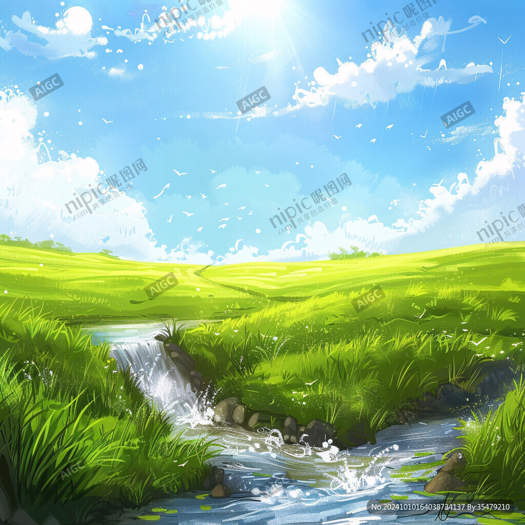 阳光草地溪流