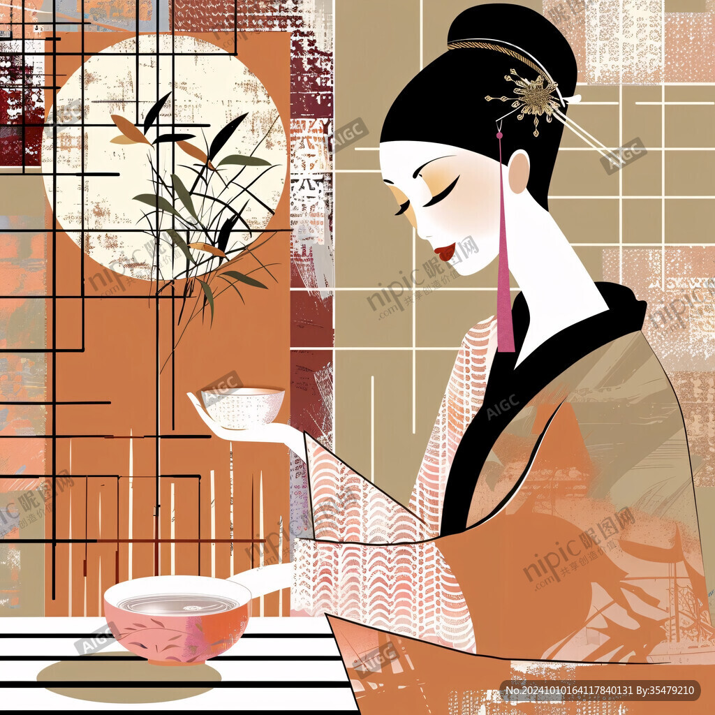 喝茶的旗袍美女插画