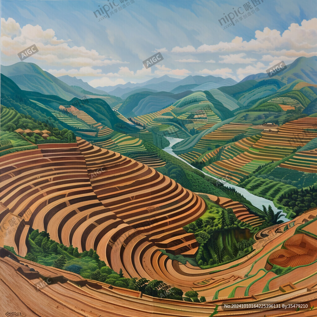 水稻梯田插画