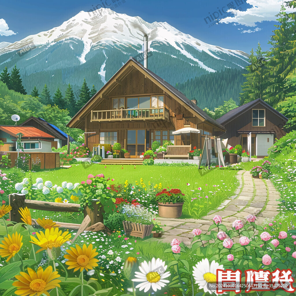 春季森林花丛木屋
