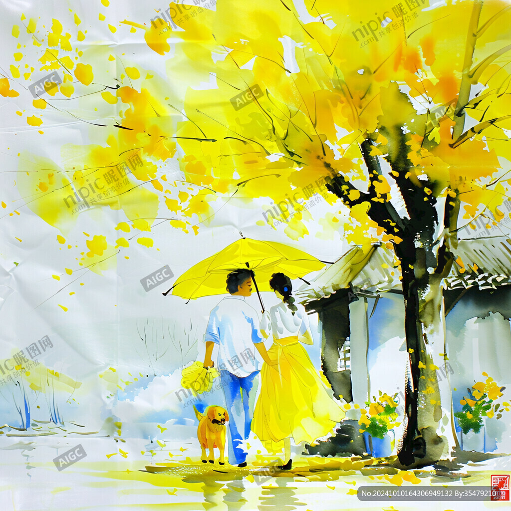 手绘银杏壁画