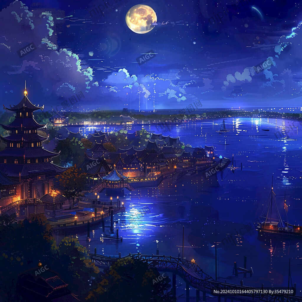 插画夜景湖泊