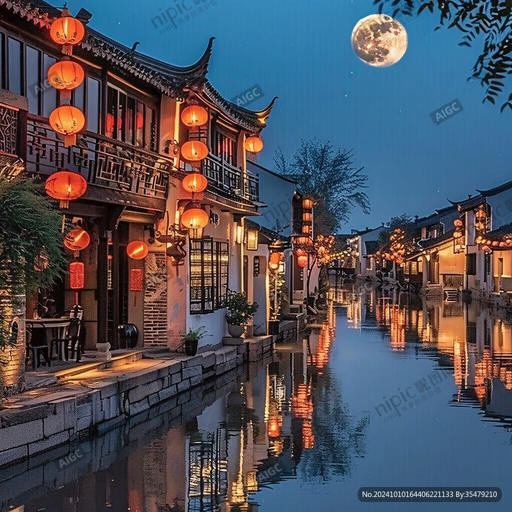 江南古镇夜景大画幅